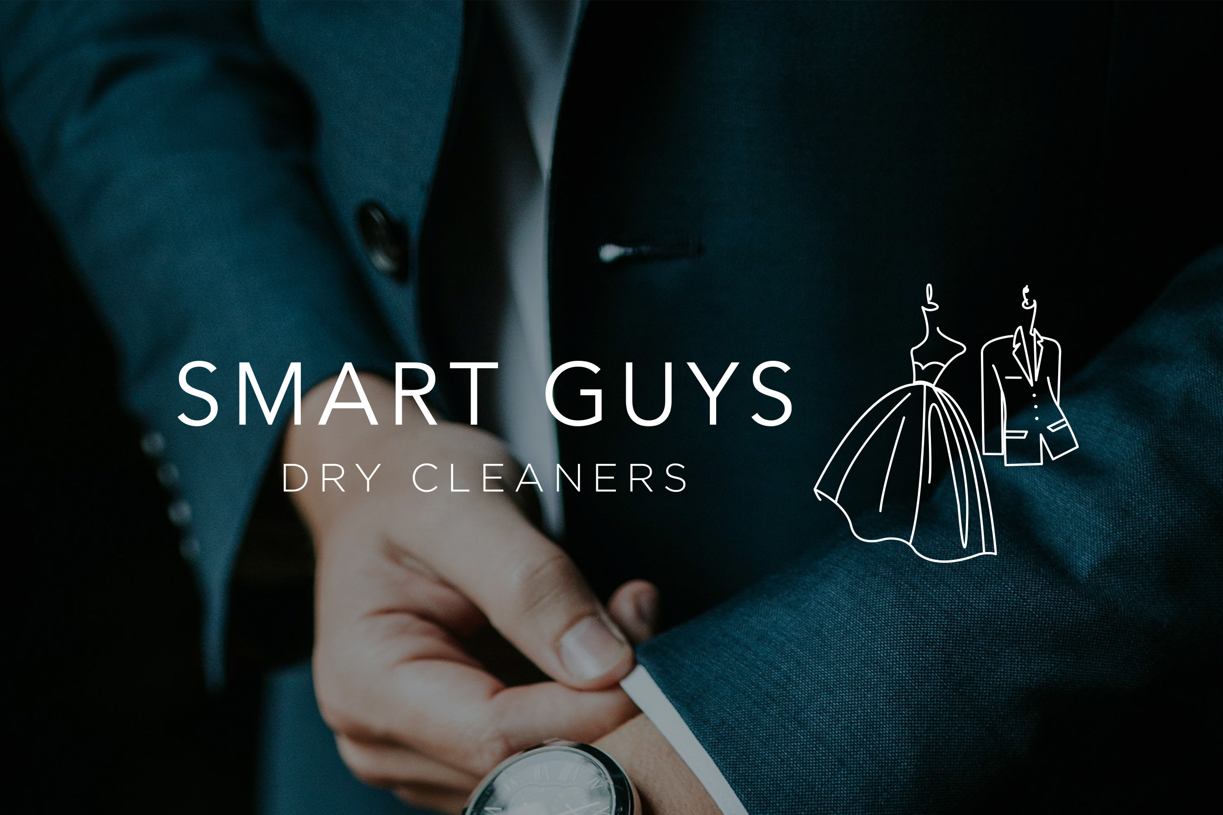 Smart Guys Dry Cleaner Logo Design white overlaid on photo of suit