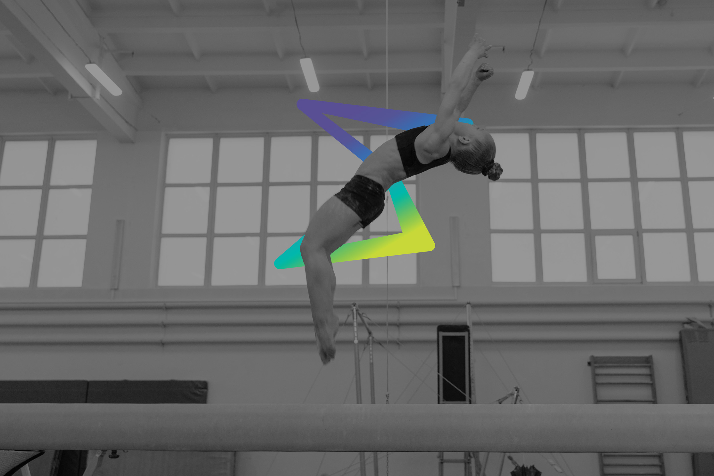 Affinity new brand visual identity design - logo graphic integrated with photographic image of gymnast