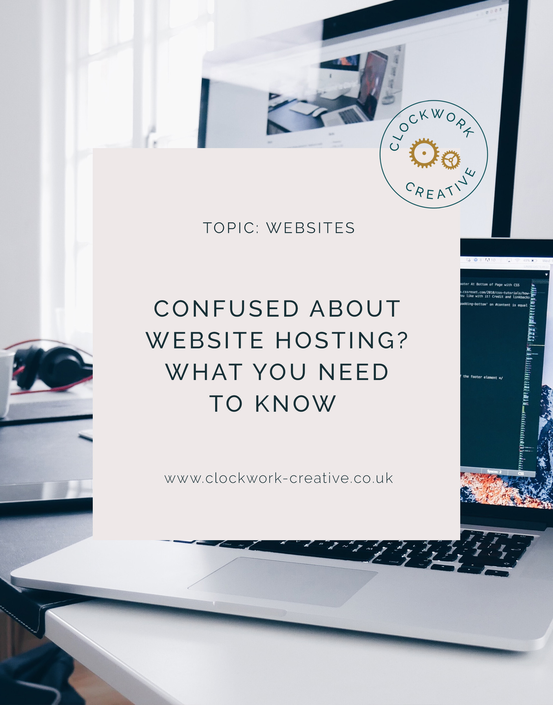 What is website hosting and what do you need to know - computer and laptop on desk with HTML code displayed