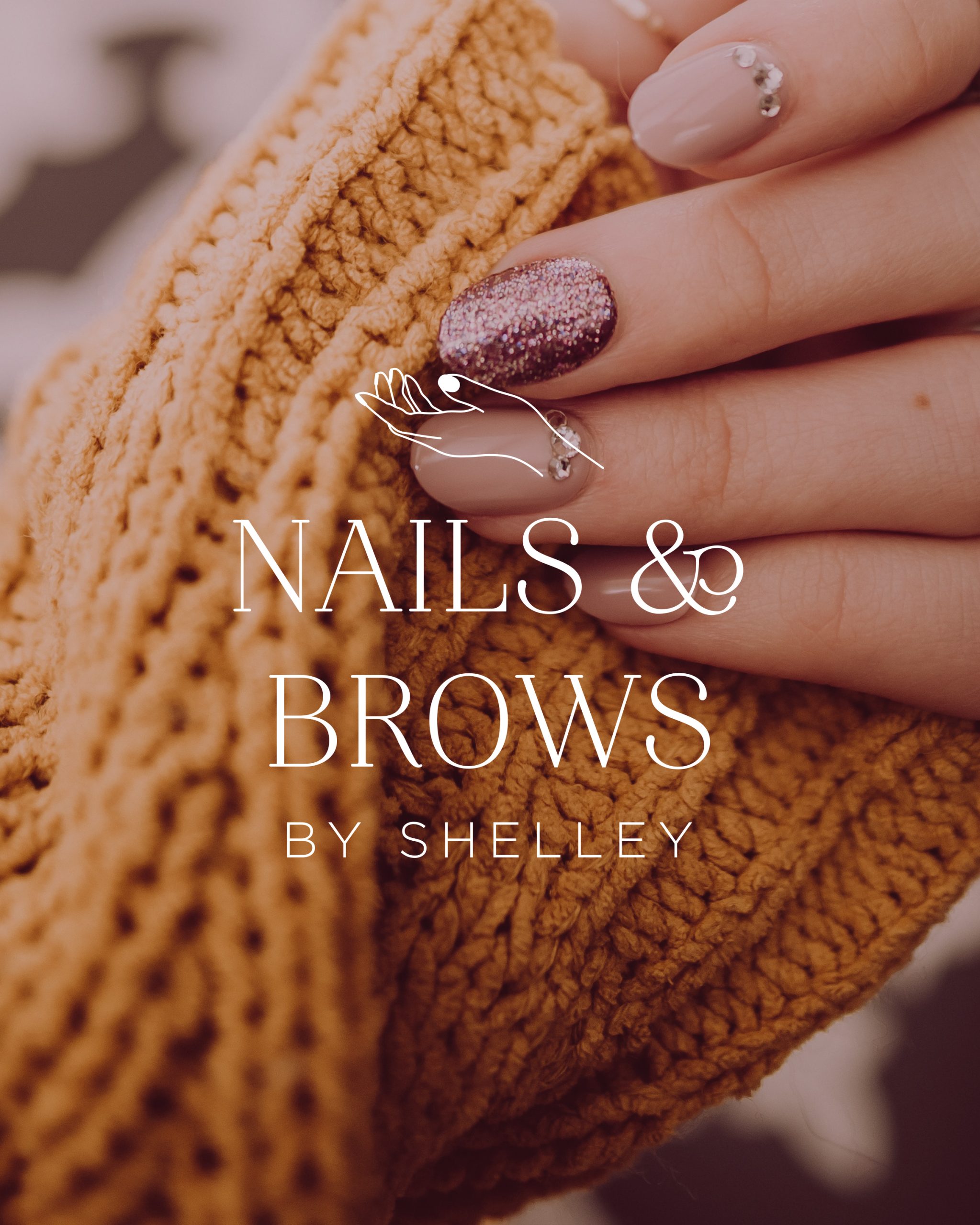 Logo design Nails & Brows by Shelley, Hertfordshire. White stacked logo on photo of nails