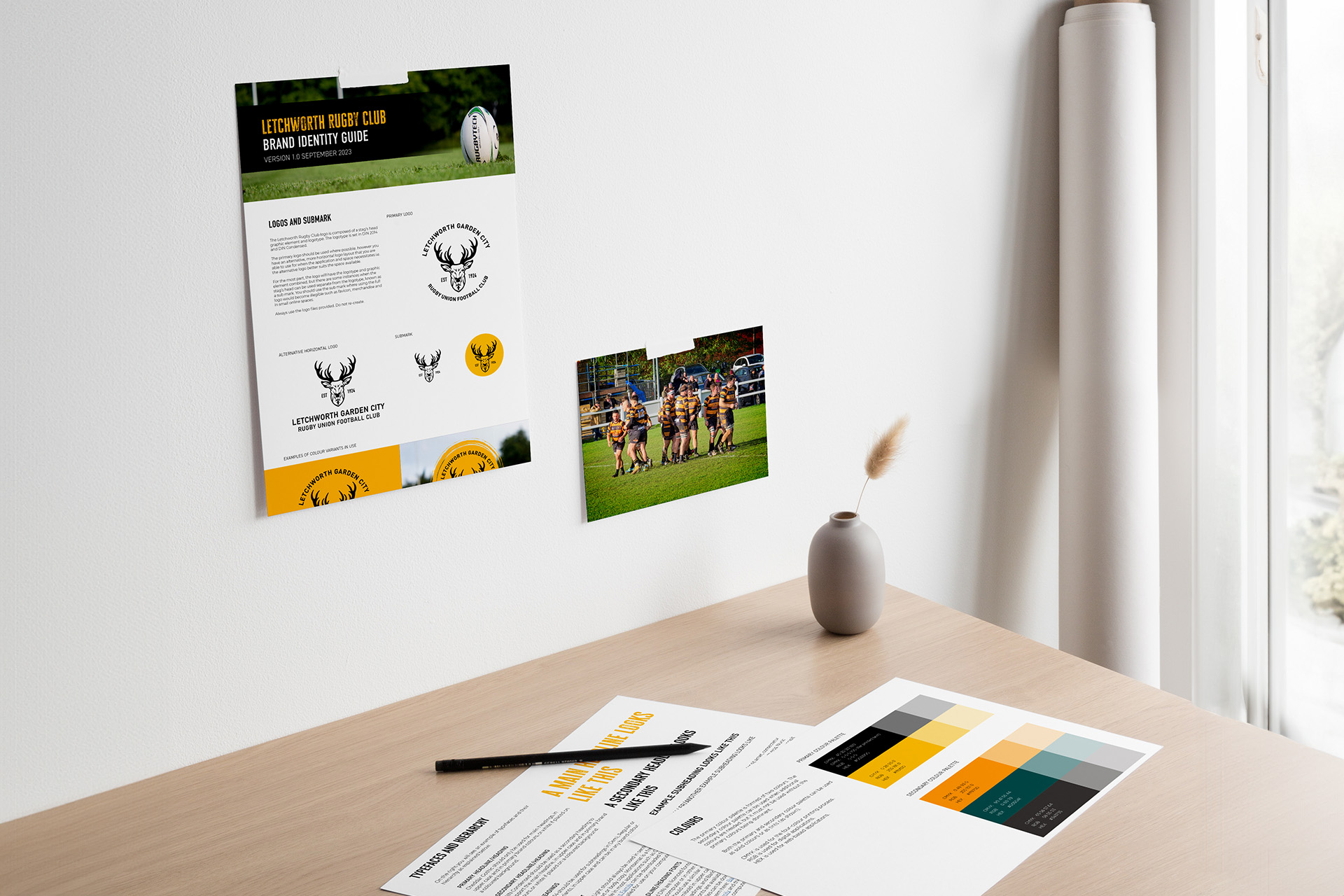 Letchworth Rugby Club Brand and Marketing strategy - brand guidelines on table